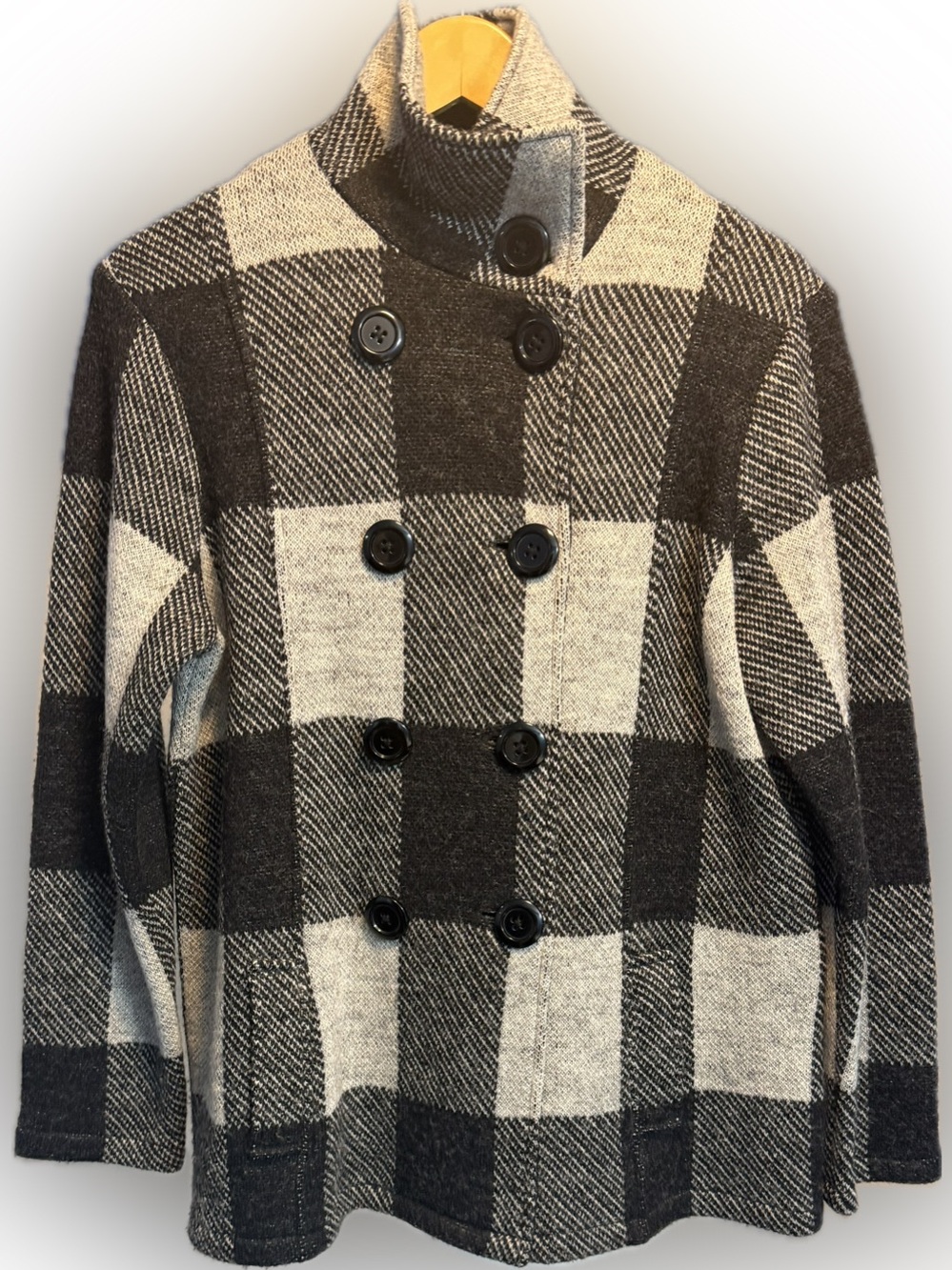 Keren Hart~Wool Jacket~Womens~Medium~Black Gray~Buffalo Plaid~Double Breasted